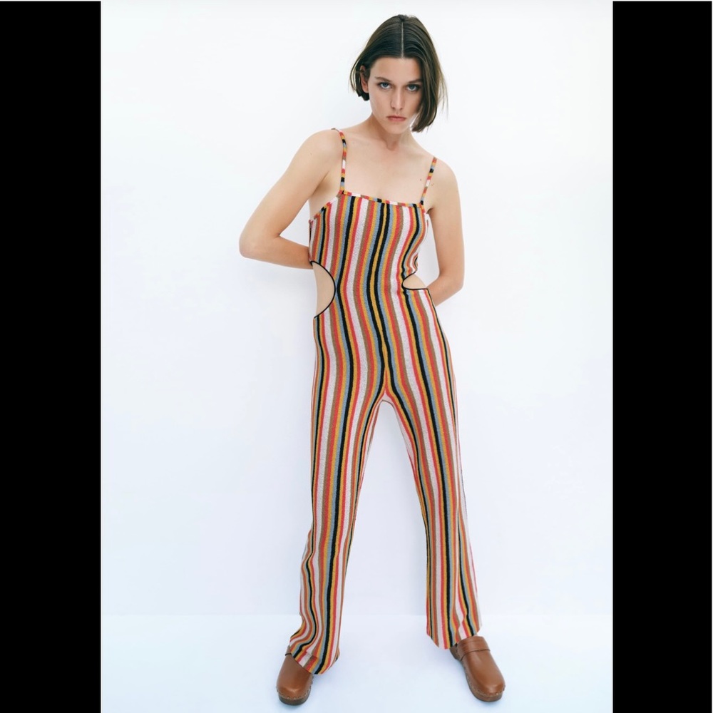 NWT Zara Size Large Sleeveless Multicolored Striped Knit Cut Out Jumpsuit